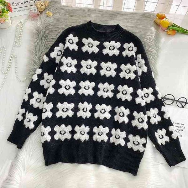 women vintage black jumper autumn winter long sleeve loose korean flower sweater woman oversized pullover knitted 210602, White;black
women vintage black jumper autumn winter long sleeve loose korean flower sweater woman oversized pullover knitted 210602, White;black
