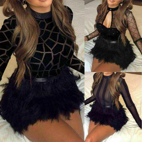 women long sleeve bodycon party evening sheer mesh mini fur dresses casual, Black;gray
women long sleeve bodycon party evening sheer mesh mini fur dresses casual, Black;gray