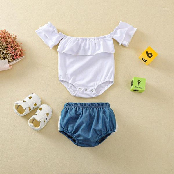 summer two piece baby girls clothes solid color boat neck off shoulder romper and lace denim shorts clothing sets, White
summer two piece baby girls clothes solid color boat neck off shoulder romper and lace denim shorts clothing sets, White