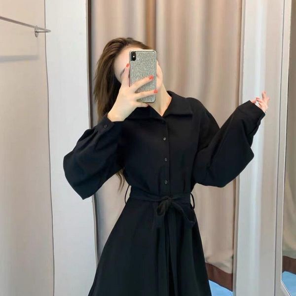 long sleeve black classic party dresses for women autumn high waist dress ladies turndown collar casual, Black;gray
long sleeve black classic party dresses for women autumn high waist dress ladies turndown collar casual, Black;gray