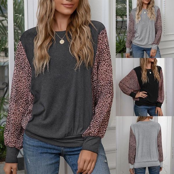 women's casual loose leopard print stitching round neck long-sleeved t-shirt fashion pullover, White
women's casual loose leopard print stitching round neck long-sleeved t-shirt fashion pullover, White