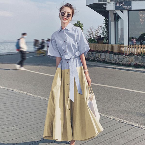 women eleant patchwork belt single breasted long length dress lapel short sleeve loose fit fashion summer 210510, Black;gray
women eleant patchwork belt single breasted long length dress lapel short sleeve loose fit fashion summer 210510, Black;gray