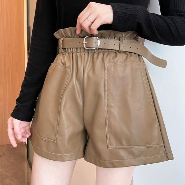 women's shorts ruffled elastic waist solid loose women pu leather with belt pockets elegant short 2021 casual autumn bottom female lady, White;black
women's shorts ruffled elastic waist solid loose women pu leather with belt pockets elegant short 2021 casual autumn bottom female lady, White;black
