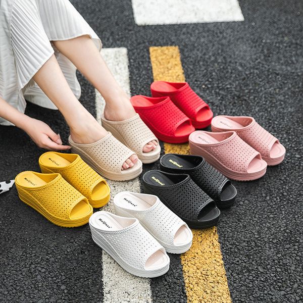 luxury slippers summer thick soled slope heel fashion wear sandals mh hollow muffin women's slippers, Black 
luxury slippers summer thick soled slope heel fashion wear sandals mh hollow muffin women's slippers, Black