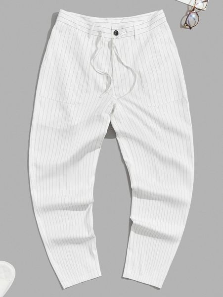 men drawstring waist striped pants j09u#, Black