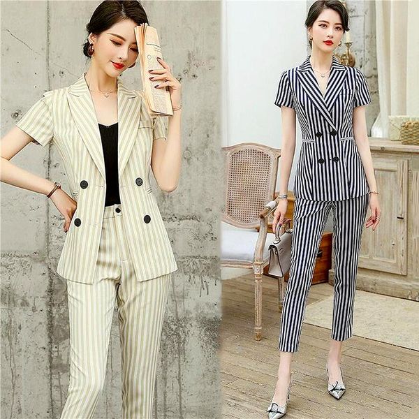 women's two piece pants ladies office business wear shorts suit striated women 2021 elegant clothes set ls103, White