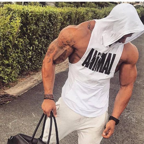 style summer men cotton tank gyms fitness bodybuilding hooded vest sleeveless outdoors casual fashion workout, White;black