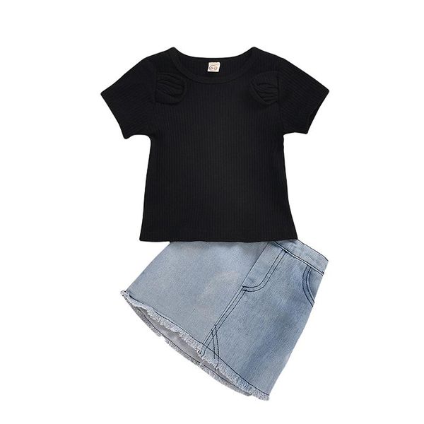 clothing sets summer style pit striped cotton short-sleeved denim skirt female two-piece girl suit, White
clothing sets summer style pit striped cotton short-sleeved denim skirt female two-piece girl suit, White