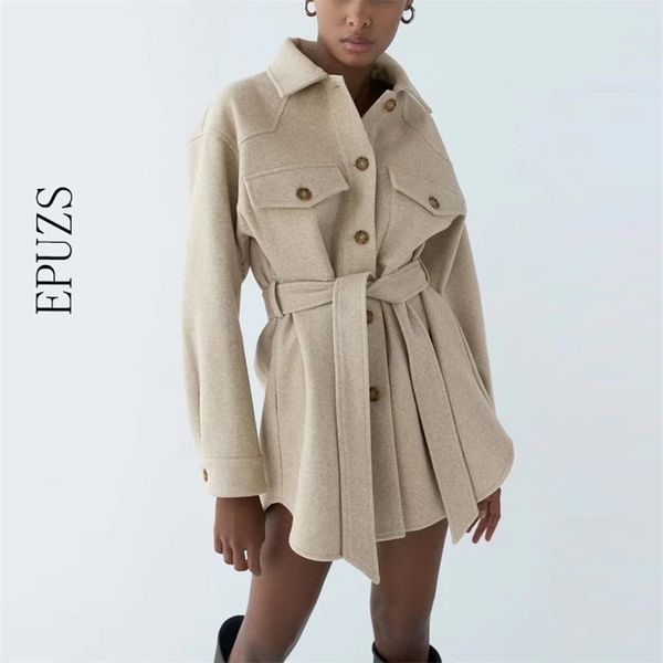 za women fashion with belt loose woolen jacket vintage long sleeve side pockets female outerwear chic overcoat 210914, Black;brown
za women fashion with belt loose woolen jacket vintage long sleeve side pockets female outerwear chic overcoat 210914, Black;brown