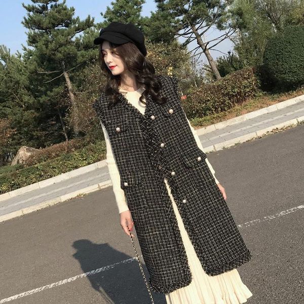 women's plaid jacket sleeveless tweed black / white casual holiday autumn winter small fragrance long one piece jackets, Black;brown
women's plaid jacket sleeveless tweed black / white casual holiday autumn winter small fragrance long one piece jackets, Black;brown