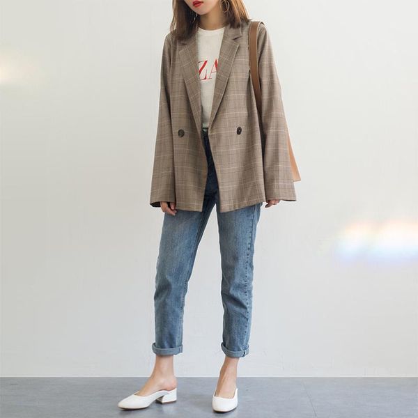 vintage long sleeve women coat loose plaid casual womans blazer double breasted oversize jaket 2021 spring korean women's suits & blaze, White;black
vintage long sleeve women coat loose plaid casual womans blazer double breasted oversize jaket 2021 spring korean women's suits & blaze, White;black