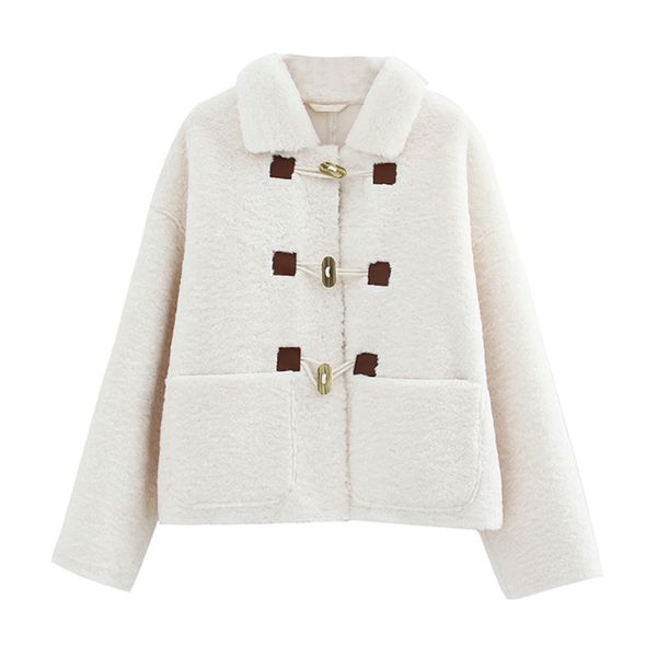 women camel white solid jacket turn down collar faux fur lambswool horn button single breasted pocket c0049 210514, Black;brown
women camel white solid jacket turn down collar faux fur lambswool horn button single breasted pocket c0049 210514, Black;brown