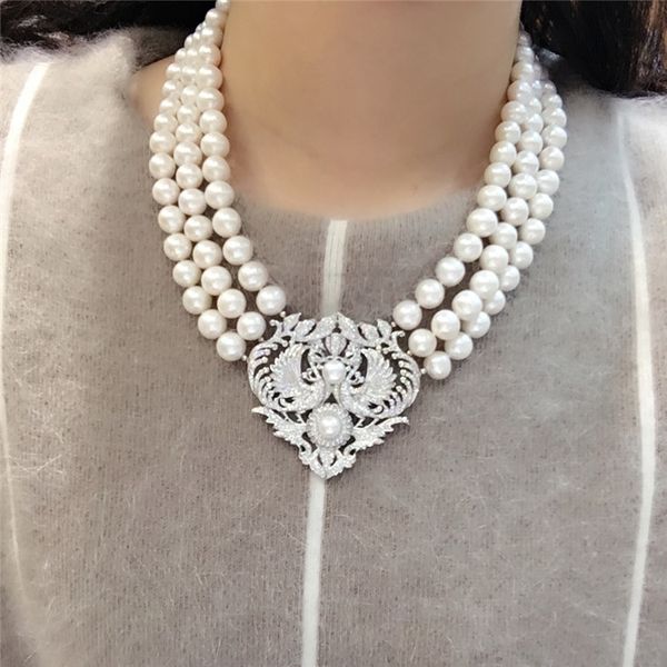 hand knotted 3rows natural 8-9mm white freshwater pearl micro inlay zircon accessories necklace fashion jewelry, Silver
hand knotted 3rows natural 8-9mm white freshwater pearl micro inlay zircon accessories necklace fashion jewelry, Silver