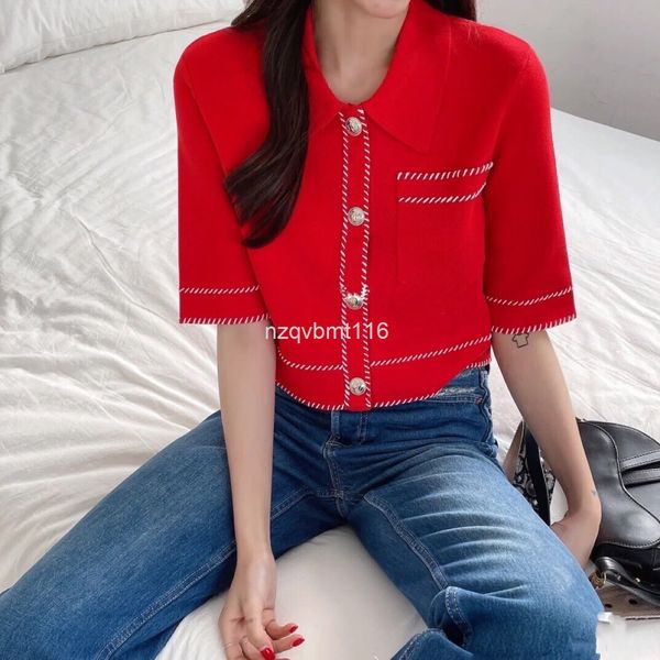 women's sweaters mj's spring and summer red polo collar single breasted mesh pocket decorative short knit, White;black
women's sweaters mj's spring and summer red polo collar single breasted mesh pocket decorative short knit, White;black