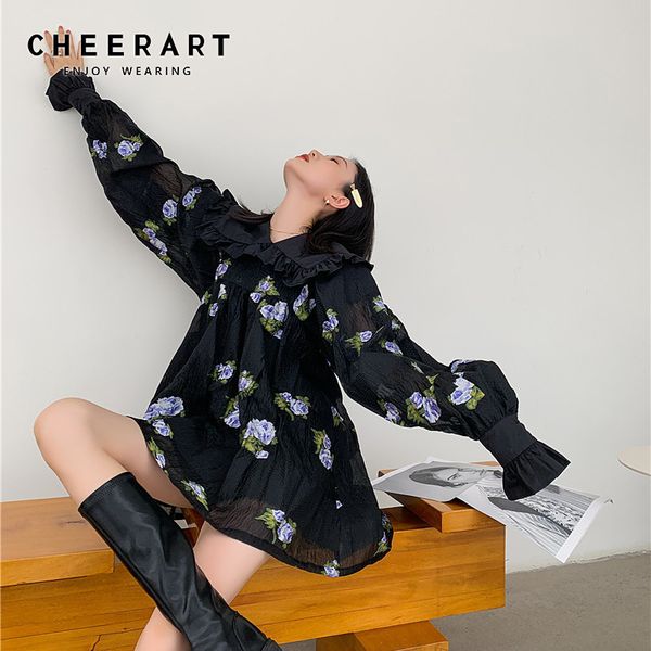 vintage floral jacquard ruffle puff sleeve dress women long black loose mini ruched korean fashion 210427, Black;gray
vintage floral jacquard ruffle puff sleeve dress women long black loose mini ruched korean fashion 210427, Black;gray