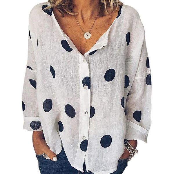 women casual blouse long sleeve v-neck shirt polka dot print buttons loose blouses and plus size elegant office lady women's & shirts, White 
women casual blouse long sleeve v-neck shirt polka dot print buttons loose blouses and plus size elegant office lady women's & shirts, White