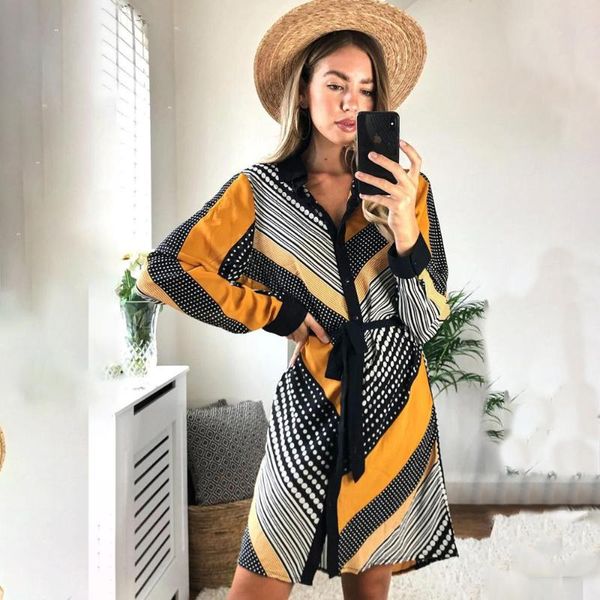 long sleeve shirt dress women stripe dot print turn-down collar ladies clothes fashion casual slim mini dresses elegant 2021, Black;gray
long sleeve shirt dress women stripe dot print turn-down collar ladies clothes fashion casual slim mini dresses elegant 2021, Black;gray