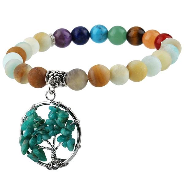 charm bracelets sunyik 8mm amazonite 7 chakra beads bracelet tree of life dangle yoga energy reiki healing jewelry, Golden;silver