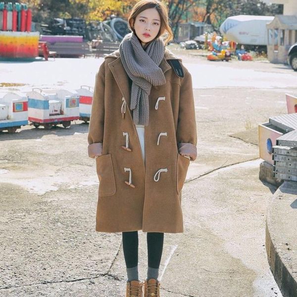 women's wool & blends winter warm loose women pockets solid woolen coat hooded long section jackets horn button cotton padded l114, Black
women's wool & blends winter warm loose women pockets solid woolen coat hooded long section jackets horn button cotton padded l114, Black
