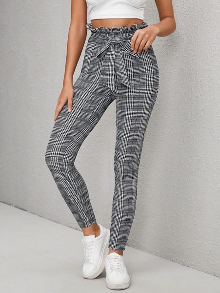 houndstooth print paperbag waist belted pants u6sv#, Black;white
