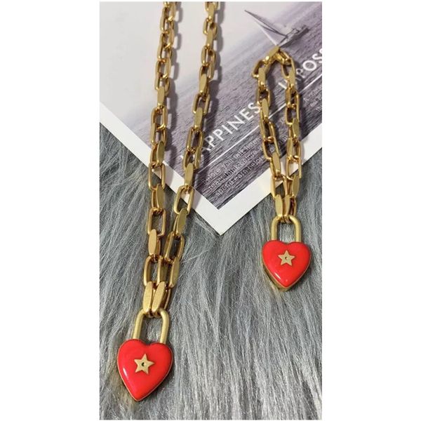 new style vintage retro red love star lock pendant copper choker chain necklace bracelet women popular jewelry set z18, Golden;silver
new style vintage retro red love star lock pendant copper choker chain necklace bracelet women popular jewelry set z18, Golden;silver