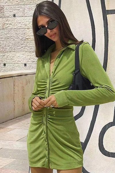 casual dresses fashion pleated button shirt mini party dress autumn women turn-down collar long sleeve bodycon female slim vestidos, Black;gray
casual dresses fashion pleated button shirt mini party dress autumn women turn-down collar long sleeve bodycon female slim vestidos, Black;gray