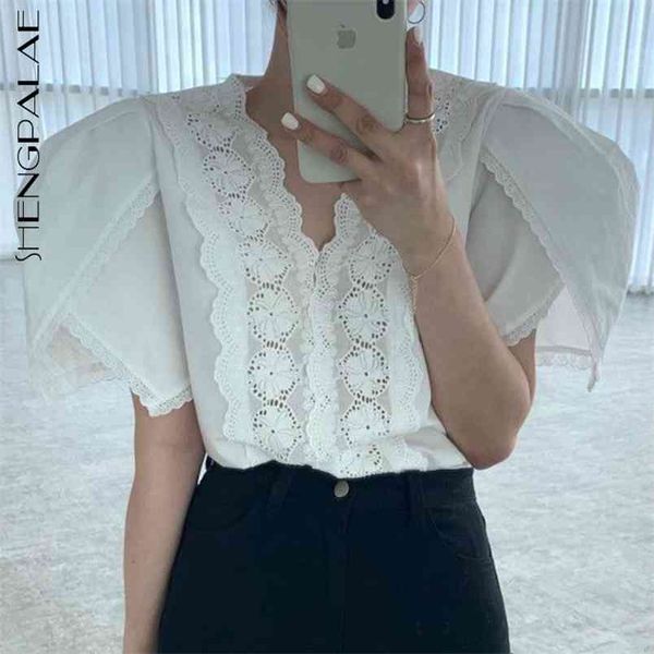 temperament lace spliced blouse women's summer v-neck loose short flying sleeve solid color shirt female 210427, White
temperament lace spliced blouse women's summer v-neck loose short flying sleeve solid color shirt female 210427, White