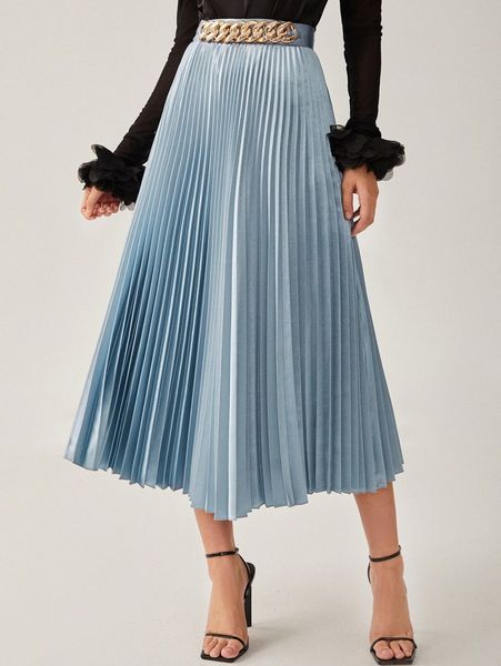 chain detail pleated skirt 96hp#, Black