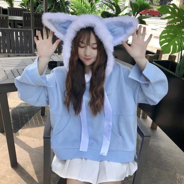 cute japanese women's faux fur cat ears fluffy hoodies winter plus velvet lolita sweatshirt sweet girl neko bowknot outwear 210601, Black
cute japanese women's faux fur cat ears fluffy hoodies winter plus velvet lolita sweatshirt sweet girl neko bowknot outwear 210601, Black