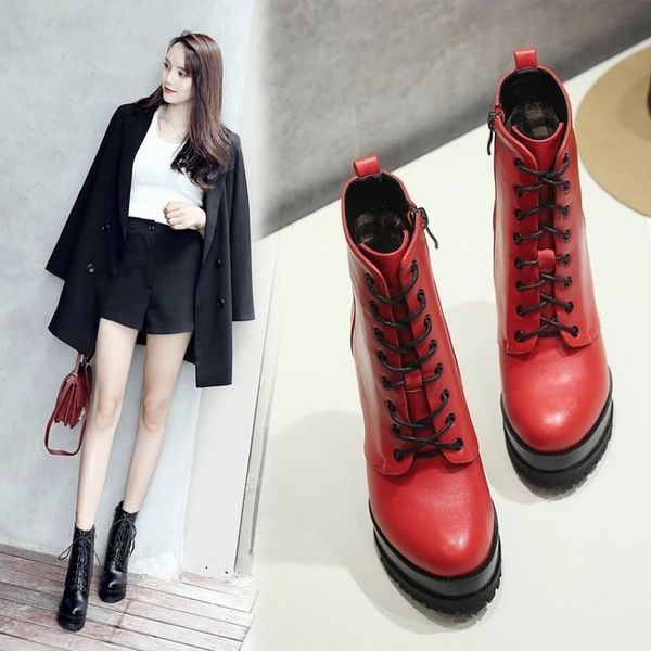boots thick heel korean version thin waterproof platform lace up low barrel short two of women's, Black
boots thick heel korean version thin waterproof platform lace up low barrel short two of women's, Black