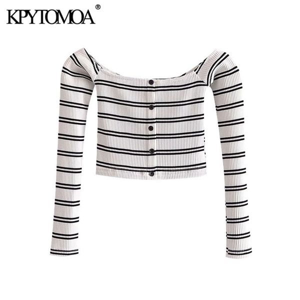 women fashion with buttons striped knit cropped t shirt vintage slash neck long sleeve female tee mujer 210421, White
women fashion with buttons striped knit cropped t shirt vintage slash neck long sleeve female tee mujer 210421, White