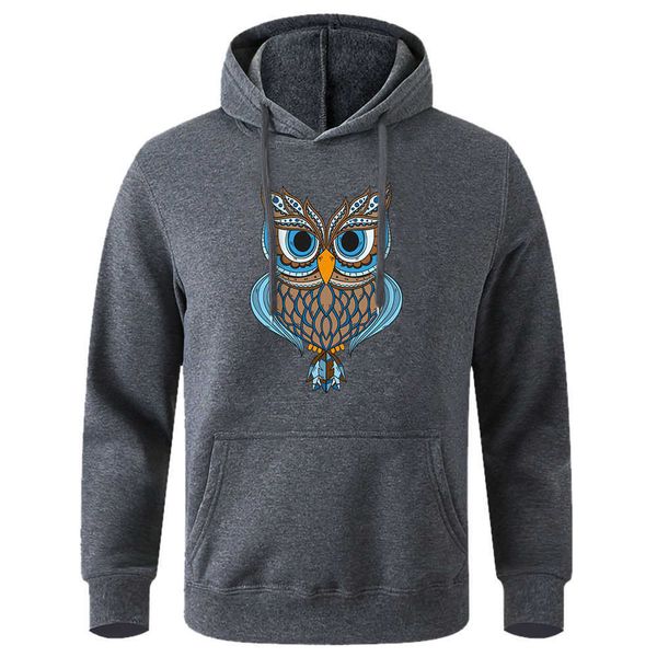 men's thick hoodie, fashionable street clothes, owl print, warm, casual, oversized, soft, special discount, Black