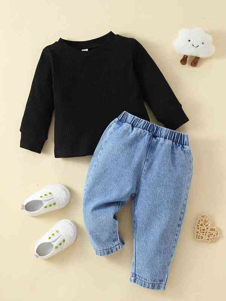 baby ribbed knit pullover & jeans she, Blue