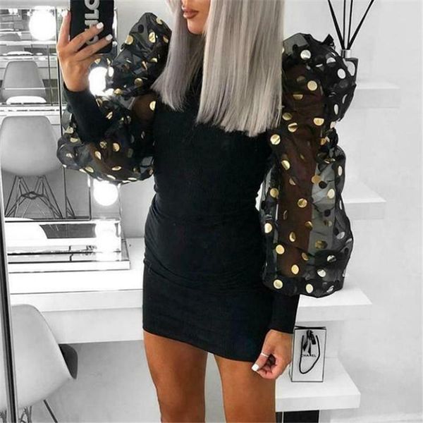 women mesh sheer puff long sleeves mini dress fashion polka dot bodycon pencil vestido lady evening party casual dresses, Black;gray
women mesh sheer puff long sleeves mini dress fashion polka dot bodycon pencil vestido lady evening party casual dresses, Black;gray
