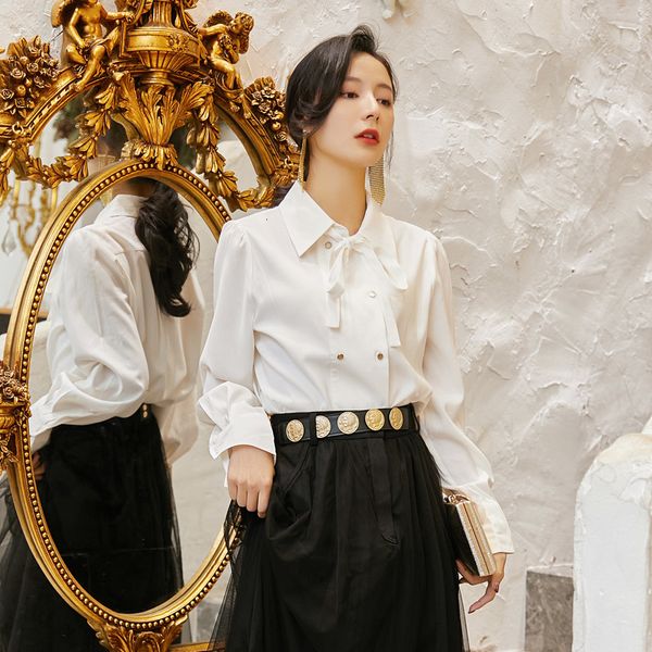 tees women korean style elegant bow collar autumen fashion lady shirt, White
tees women korean style elegant bow collar autumen fashion lady shirt, White