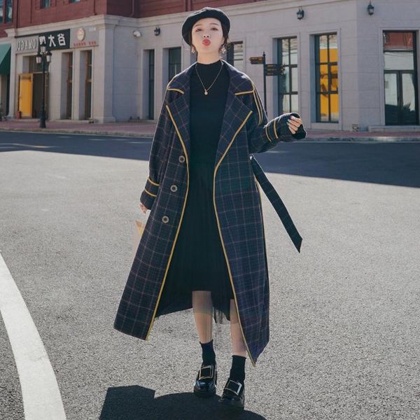 women's wool & blends wide-waist long loose woolen coat for women autumn tide navy blue yellow fringe plaid with belt fashionable, Black
women's wool & blends wide-waist long loose woolen coat for women autumn tide navy blue yellow fringe plaid with belt fashionable, Black