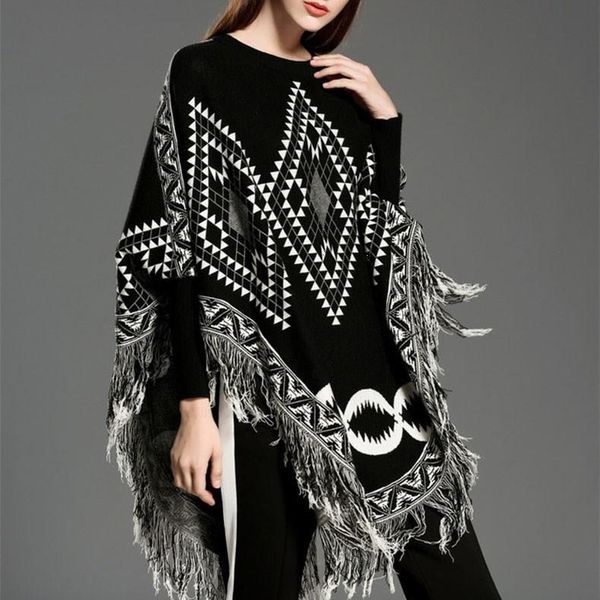 women's cape europe style o-neck casual woman knit sweater print long sleeve elegant cloak geometric female 6itf, Black
women's cape europe style o-neck casual woman knit sweater print long sleeve elegant cloak geometric female 6itf, Black