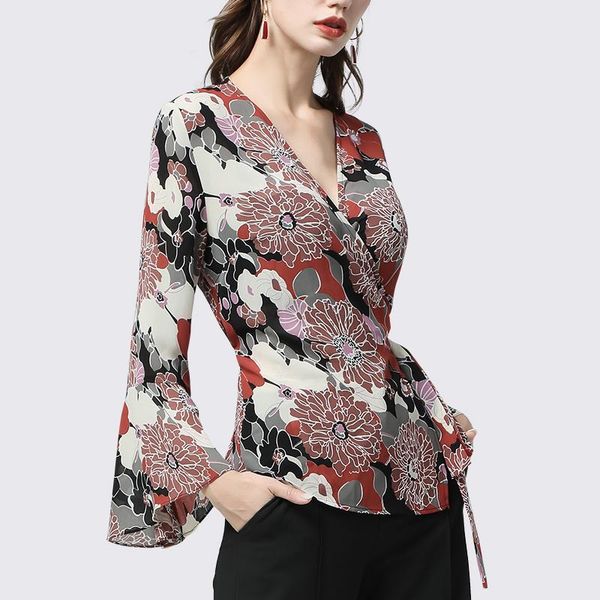 chiffon blouse women red floral printed flared sleeve v-neck ladies with sashes elegant plus size autumn cardigan women's blouses, White
chiffon blouse women red floral printed flared sleeve v-neck ladies with sashes elegant plus size autumn cardigan women's blouses, White