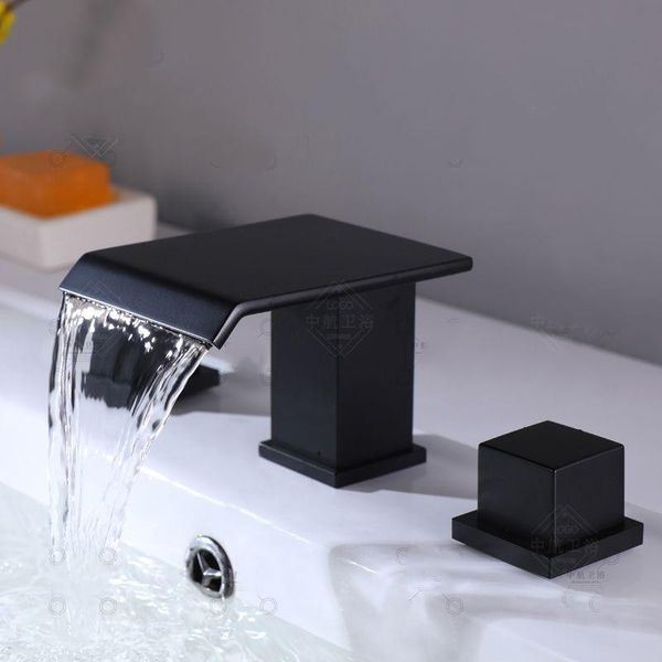 solid brass modern waterfall bathroom basin faucet 3 holes 2 square handles sink in matte black faucets
solid brass modern waterfall bathroom basin faucet 3 holes 2 square handles sink in matte black faucets