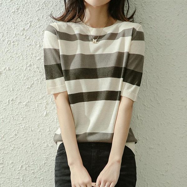 women's t-shirt 21 summer style short-sleeved knitted loose round neck cotton and linen color-blocking thin pullover, White
women's t-shirt 21 summer style short-sleeved knitted loose round neck cotton and linen color-blocking thin pullover, White