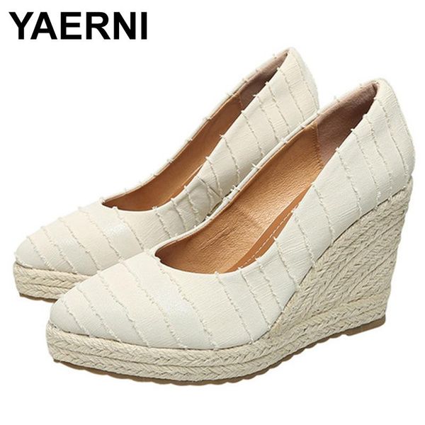 sandals yaerni espadrilles women's wedge sandals2021spring autumn shallow mouth high thick-heeled platform shoes straw woven, Black