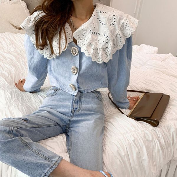 elegant bow hook flower denim female blouse peter pan collar long sleeve spring sweaters 2021 short shirt, White
elegant bow hook flower denim female blouse peter pan collar long sleeve spring sweaters 2021 short shirt, White