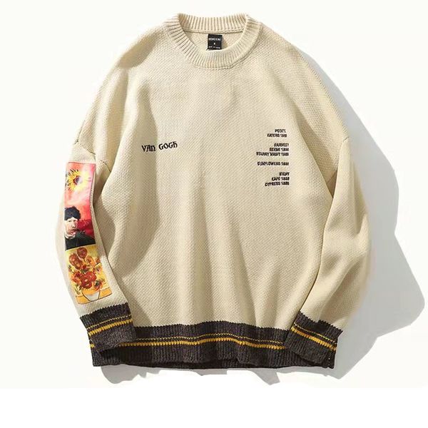 men's knitted crew neck sweater, van gogh vintage embroidery, khaki, black gray, winter and autumn, 2021, White;black
men's knitted crew neck sweater, van gogh vintage embroidery, khaki, black gray, winter and autumn, 2021, White;black