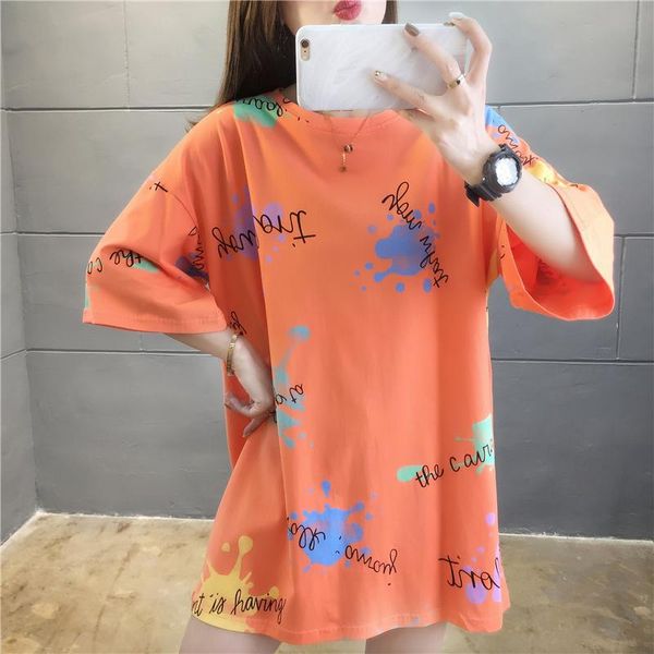 women's t-shirt summer cotton loose mid-length cartoon print round neck short-sleeved college style women, White
women's t-shirt summer cotton loose mid-length cartoon print round neck short-sleeved college style women, White
