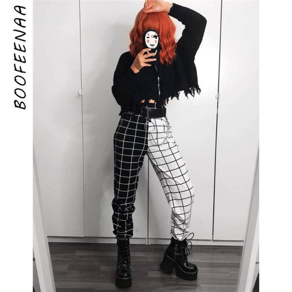 women's pants & capris boofeenaa streetwear casual sweat women black and white plaid checkerboard high waisted joggers korean trousers, Black;white 
women's pants & capris boofeenaa streetwear casual sweat women black and white plaid checkerboard high waisted joggers korean trousers, Black;white