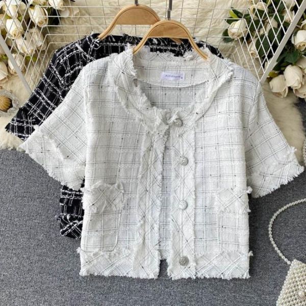 women's jackets 2021 summer small fragrance tweed short jacket women o-neck slim single breasted outerwear, Black;brown 
women's jackets 2021 summer small fragrance tweed short jacket women o-neck slim single breasted outerwear, Black;brown