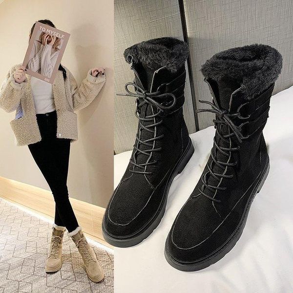 boots snow woman winter 2021 mid calf lace up women's shoes warm comfortable round toe flat with botas mujer, Black 
boots snow woman winter 2021 mid calf lace up women's shoes warm comfortable round toe flat with botas mujer, Black