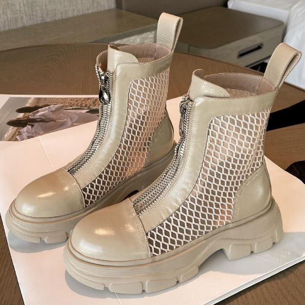 women's genuine leather air mesh patchwork thick sole platform flats punk summer ankle boots front zip hollow-out casual shoes, Black
women's genuine leather air mesh patchwork thick sole platform flats punk summer ankle boots front zip hollow-out casual shoes, Black