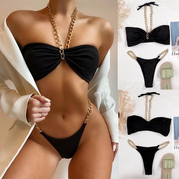 women's swimwear bikini 2021 women metal chain halter set push-up pad swimsuit beachwear costumi da bagno donna, White;black
women's swimwear bikini 2021 women metal chain halter set push-up pad swimsuit beachwear costumi da bagno donna, White;black