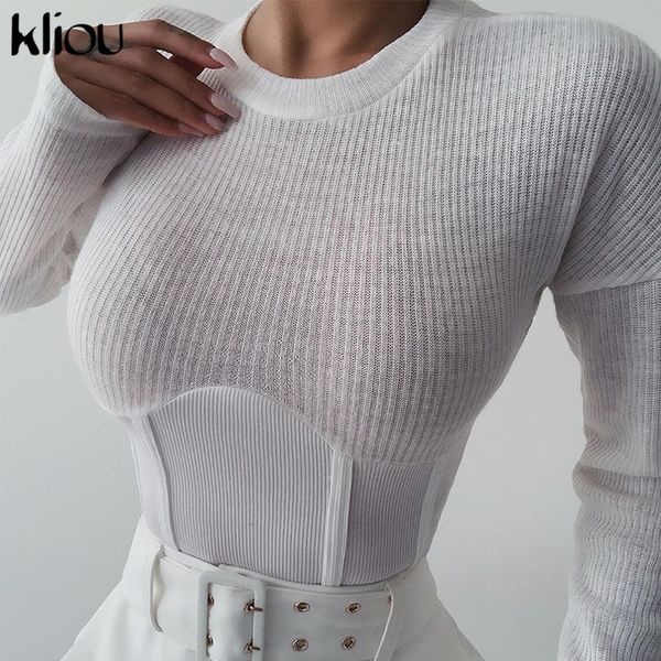 women's t-shirt kliou ribbed knitted patchwork solid women autumn o-neck slim corset waist elegant office lady outfit casual streetwear, White
women's t-shirt kliou ribbed knitted patchwork solid women autumn o-neck slim corset waist elegant office lady outfit casual streetwear, White